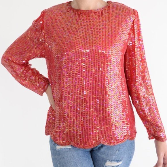Lord  &Taylor Red Sequin Long Sleeve 100% Silk Shirt with Shoulder Pads Small - Picture 1 of 10